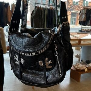 Black Leather Shoulder Bag with Silver Accents